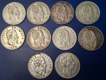 Lot van 10 verschillende 5 lires 1869-1879 beschikbaar voor biedingen