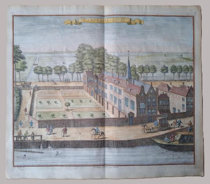 1730 - Handgekleurd gravure Den Haag – ’t Leprooshuis, Antiek en Kunst, Kunst | Etsen en Gravures, Verzenden