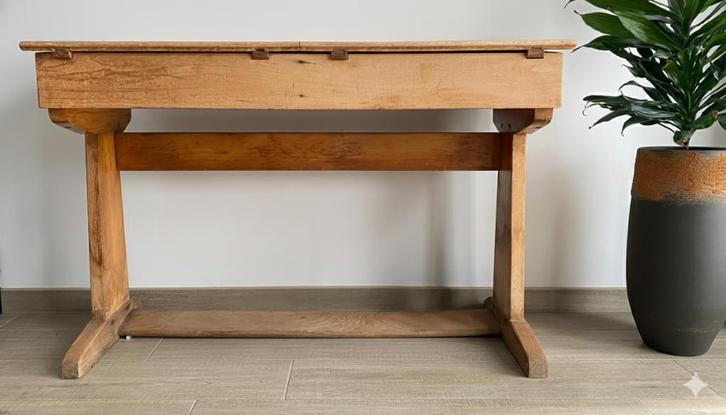 Antieke dubbele schoolbank Dox met pennen- en inktpothouders, Antiek en Kunst, Antiek | Meubels | Tafels, Ophalen