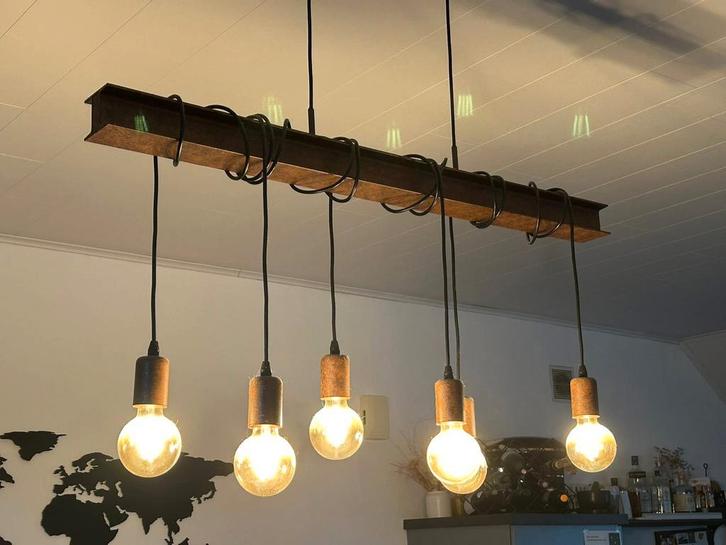 EGGLO hanglamp – industriële stijl – 6 lichtpunten, Maison & Meubles, Lampes | Suspensions, Comme neuf, Bois, Enlèvement