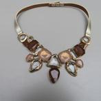 Halsjuweel bruin roze stenen lederen riempje, Handtassen en Accessoires, Kettingen, Nieuw, Ophalen of Verzenden, Steen of Mineraal