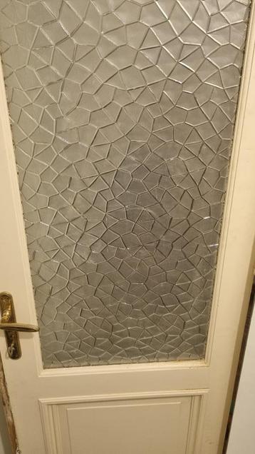 Vintage houten deur met decoratief glas (H202 x B71 cm) beschikbaar voor biedingen