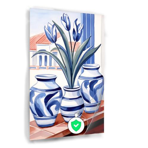 Elegante Blauwe Tulpen in Vazen Poster 60x90cm glans, Huis en Inrichting, Woonaccessoires | Schilderijen, Tekeningen en Foto's
