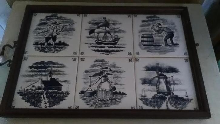 Vintage dienblad – Delftse tegels/hout/messing, Huis en Inrichting, Woonaccessoires | Dienbladen, Gebruikt, Hout, Rechthoekig