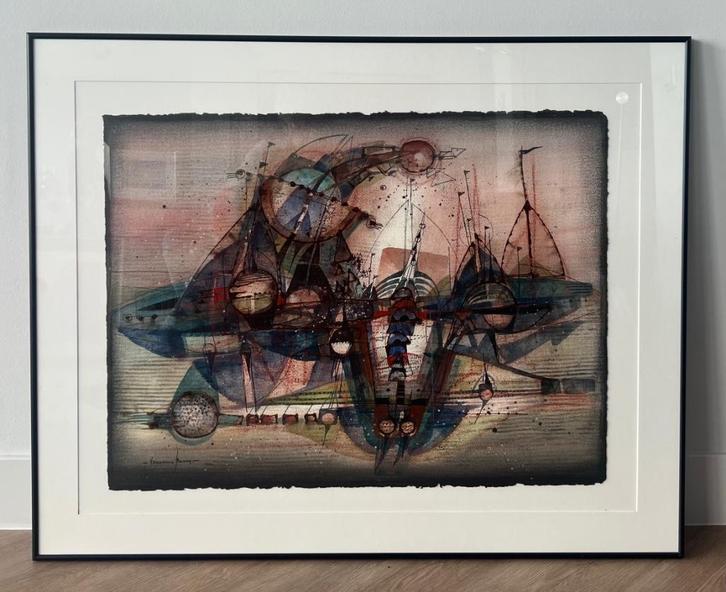 Dansende scheepjes op geschept papier van Francis Vannerum, Antiek en Kunst, Kunst | Schilderijen | Abstract, Ophalen of Verzenden