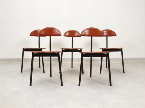 Linea Veam leather tripod chairs, Huis en Inrichting, Stoelen, Gebruikt, Vijf, Zes of meer stoelen, Leer, Metaal, Bruin, Ophalen of Verzenden