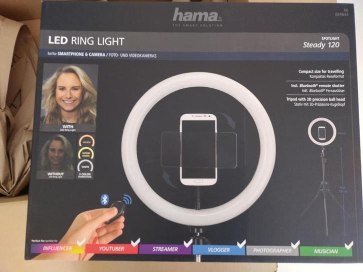 Hama Led-ringlamp SpotLight Steady 120 Set V. Smartphone, Audio, Tv en Foto, Fotografie | Statieven en Balhoofden, Nieuw, Driepoot