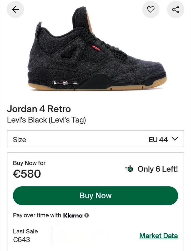 EU44 Jordan 4 Levi's Black (2018) 580€ sur StockX RARE, Vêtements | Hommes, Chaussures, Comme neuf, Noir, Enlèvement ou Envoi