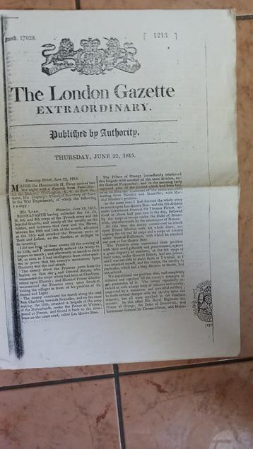 KOPIE KRANT UK LONDON  22 JUNI 1815 SLAG BIJ WATERLO beschikbaar voor biedingen