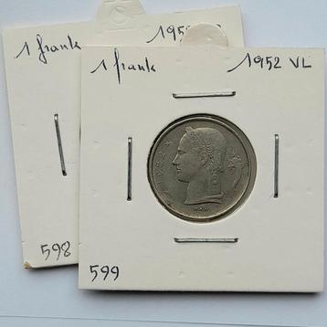 België 2 x 1 franc (k) 1952 FR en VL     (858) beschikbaar voor biedingen
