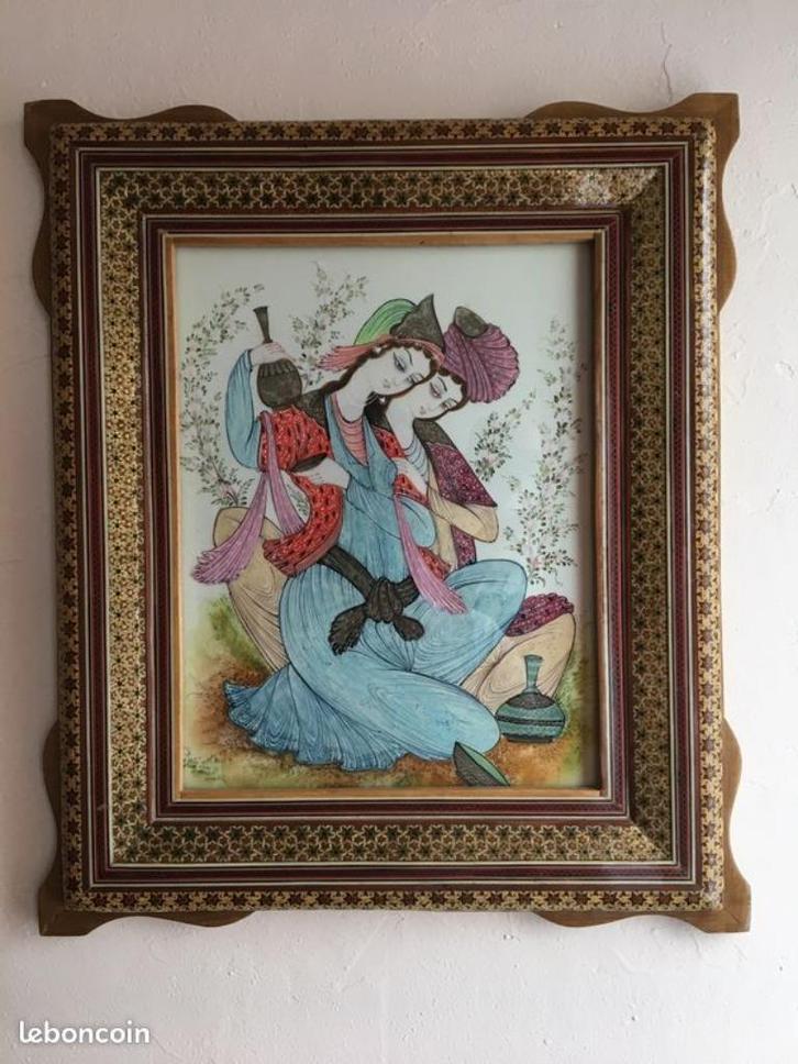 Indo Perzisch schilderij op plaat - Khatam frame, Antiek en Kunst, Kunst | Schilderijen | Klassiek, Verzenden