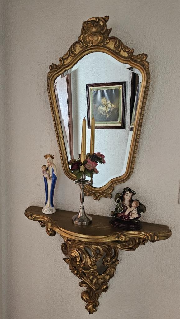 Antieke spiegel met wandtafel, Antiek en Kunst, Antiek | Spiegels, Minder dan 50 cm, Minder dan 100 cm, Overige vormen, Ophalen