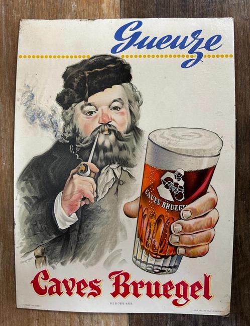 Reclamebord Geuze Caves Breughel 1966, Verzamelen, Biermerken, Gebruikt, Reclamebord, Plaat of Schild, Overige merken, Ophalen of Verzenden