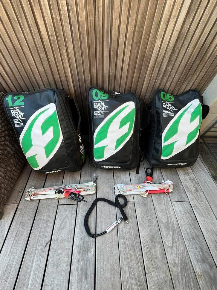 Set F-ONE Bandit 2015, 6+9+12 m², 2 barres (45 et 50 cm), Sports nautiques & Bateaux, Kitesurf, Enlèvement