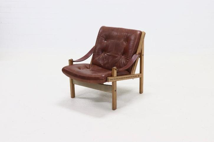 Vintage Hunter Safari Fauteuil Torbjørn Afdal Jaren 50 60 70, Huis en Inrichting, Fauteuils, Gebruikt, Hout, Leer, Ophalen