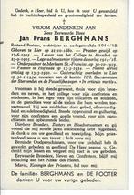 EH Jan Frans Berghmans  1880 +1954 Legeraalmoezenier WOI, Verzamelen, Bidprentjes en Rouwkaarten, Ophalen of Verzenden