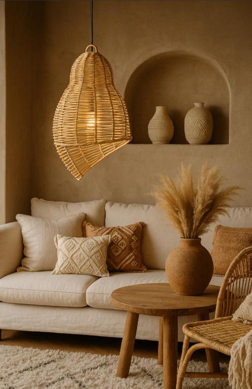 Boho Hanglampenkap in Rotan – Organische Schelpvorm, Huis en Inrichting, Lampen | Hanglampen, Nieuw, 50 tot 75 cm, Overige materialen