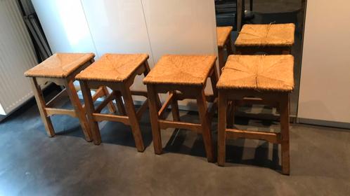 Set van 4 rotan/hout krukken, Huis en Inrichting, Stoelen, Gebruikt, Vier, Hout, Riet of Rotan, Bruin, Ophalen
