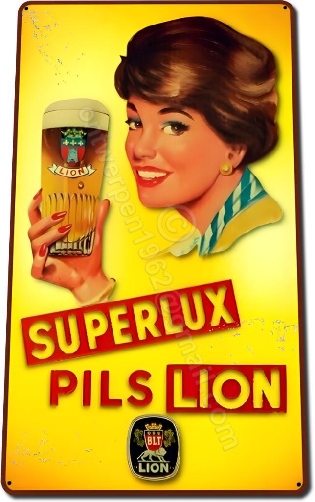SUPERLUX PILS LION retro ontwerp op dubbel metaal 70cmx40cm, Verzamelen, Merken en Reclamevoorwerpen, Zo goed als nieuw, Reclamebord
