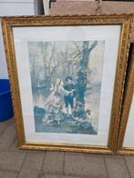 Set van 4 antieke Franse prenten in goudkleurige lijst, Antiek en Kunst, Kunst | Tekeningen en Fotografie, Ophalen