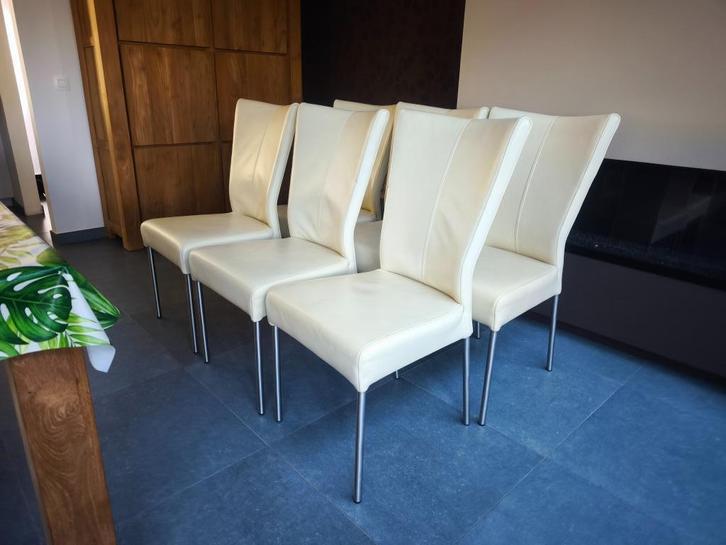 6 beige lederen eetkamerstoelen – HVS topkwaliteit, Huis en Inrichting, Stoelen, Gebruikt, Vijf, Zes of meer stoelen, Leer, Metaal
