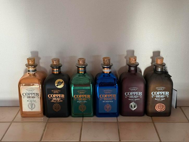 Volledige collectie Copperhead Gin - 6 flessen (verzegeld), Verzamelen, Wijnen, Nieuw, Overige typen, Ophalen