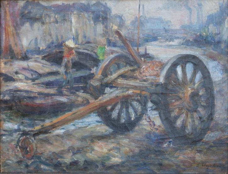 Emile Thysebaert (1873-1963): Gents havenzicht (O/D, 90x74cm, Antiek en Kunst, Kunst | Schilderijen | Klassiek, Ophalen of Verzenden