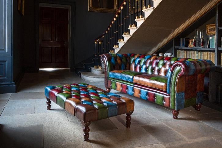 Unieke Chesterfield Patchwork Zetels Fauteuils poef Barkruk, Huis en Inrichting, Zetels | Zetels, Nieuw, Leer, Stof, Ophalen of Verzenden