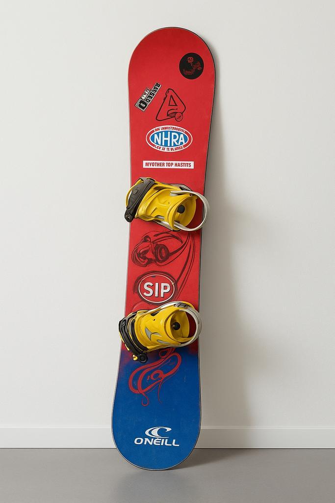 Snowboard met opvallend design en stevige gele bindingen., Sport en Fitness, Snowboarden, Zo goed als nieuw, Board, Ophalen