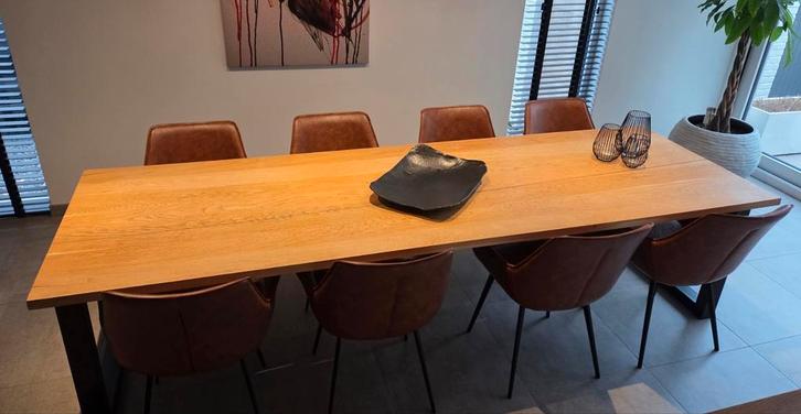 Massief eiken tafel 3m + 8 stoelen, Huis en Inrichting, Tafels | Eettafels, Zo goed als nieuw, Ophalen