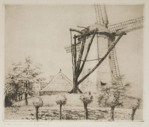 Romain Malfliet (1910-2006): Witte Molen St-Niklaas (62x52), Antiek en Kunst, Kunst | Etsen en Gravures, Ophalen of Verzenden