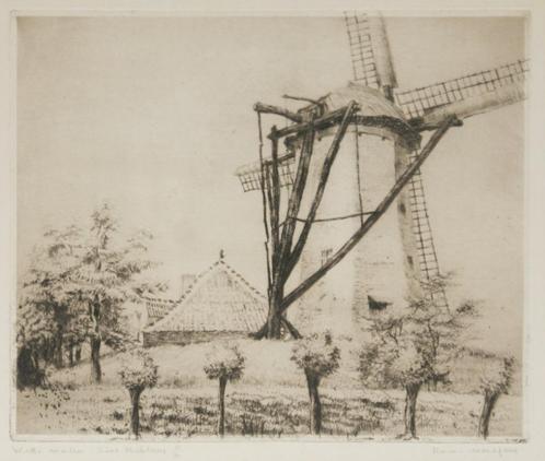 Romain Malfliet (1910-2006): Witte Molen St-Niklaas (62x52), Antiquités & Art, Art | Eaux-fortes & Gravures, Enlèvement ou Envoi