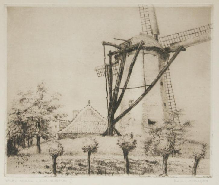 Romain Malfliet (1910-2006): Witte Molen St-Niklaas (62x52), Antiek en Kunst, Kunst | Etsen en Gravures, Ophalen of Verzenden