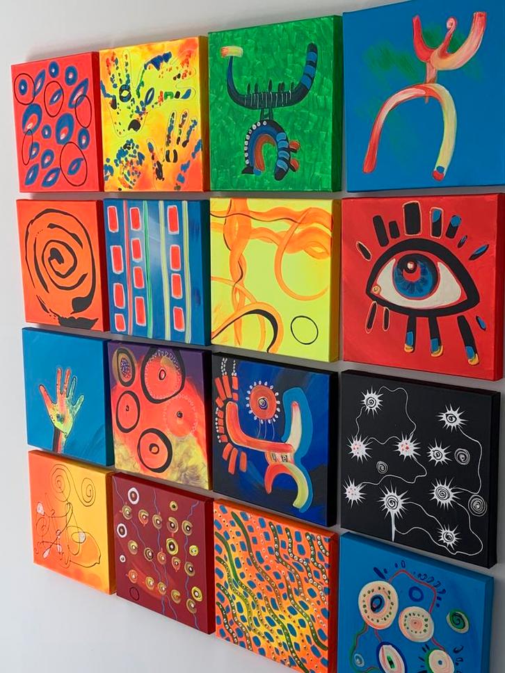 16 Kleurrijke schilderijen in één geheel, Antiek en Kunst, Kunst | Schilderijen | Modern, Ophalen