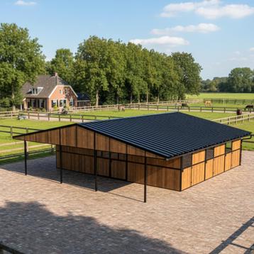 Buitenstal met 5 paardenboxen, opslagruimte en overkapping beschikbaar voor biedingen