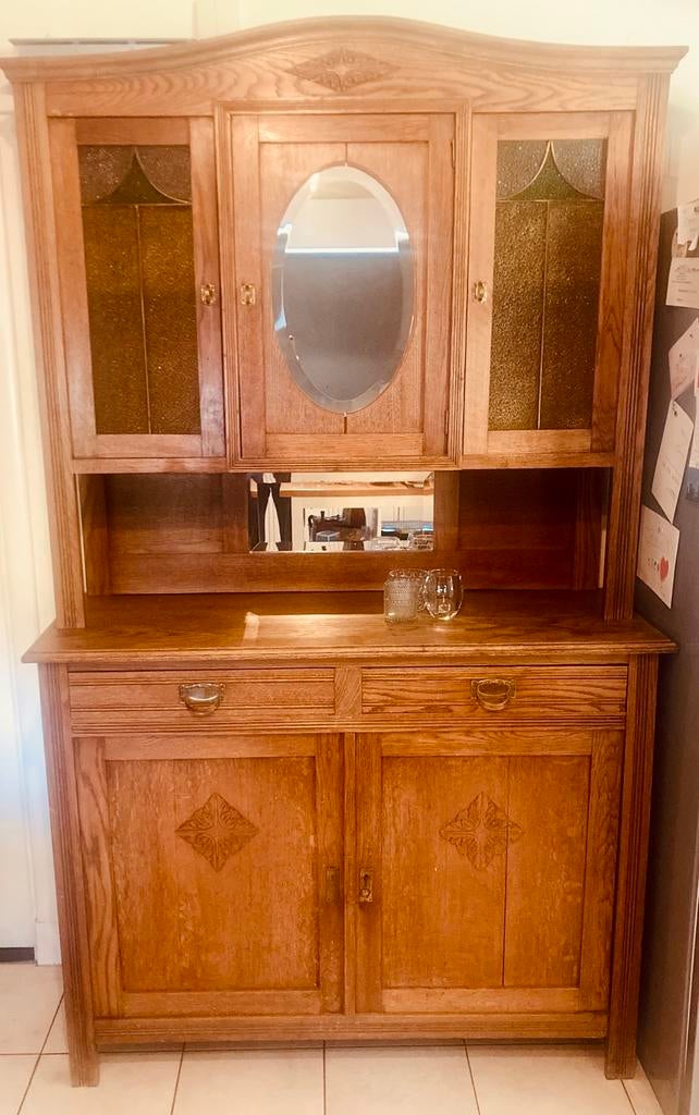 Antieke Eiken Buffetkast met Glas-in-lood en Spiegel, Antiek en Kunst, Ophalen