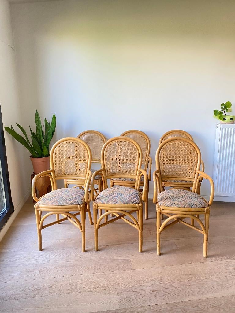 6 chaises vintage en rotin, Maison & Meubles, Chaises, Utilisé, Cinq, Six Chaises ou plus, Osier ou Rotin, Tissus, Enlèvement