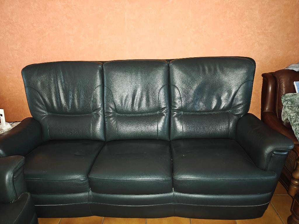 salon zetel 3 zit en 2 zit leder  donker groen, Ophalen, Gebruikt