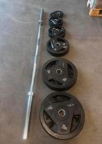 117,5kg Rubberen Olympische Gewichten + Olympische Barbell, Sports & Fitness, Équipement de fitness, Enlèvement, Utilisé, Plaques d'haltères