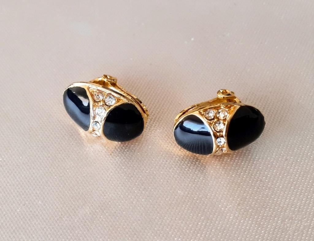oorbellen clipons vintage art deco zwart goud met strass, Bijoux, Sacs & Beauté, Boucles d'oreilles, Enlèvement ou Envoi, Or, Avec strass