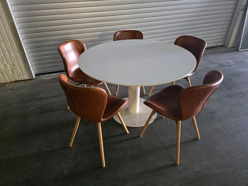 Keramische ronde witte tafel 120cm en 5 stoelen, Ophalen
