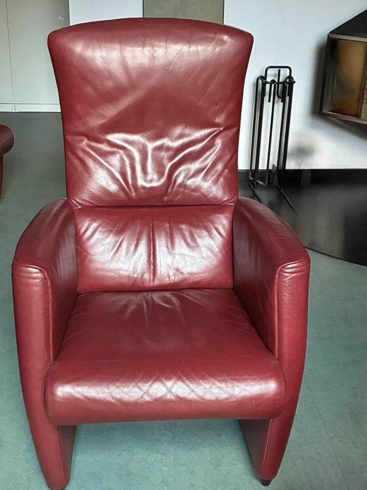 Fauteuil Jori Bordeaux en cuir rouge, Maison & Meubles, Fauteuils, Utilisé, Cuir, 50 à 75 cm, Moins de 75 cm, Enlèvement