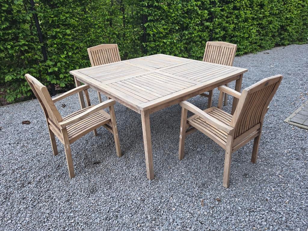 Prachtige teak tuinset 150x150 net afgeschuurd, Tuin en Terras, Tuinsets en Loungesets, Gebruikt, Tuinset, Teakhout, 4 zitplaatsen