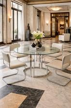 Ronde vintage design eettafel – Milo Baughman – Ø130 cm, Huis en Inrichting, Tafels | Eettafels, Ophalen, Gebruikt, Rond, Glas