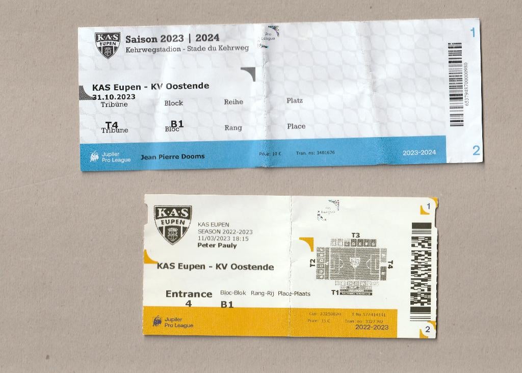 2 tickets  différents (utilisés) : Eupen - Oostende (2023), Collections, Enlèvement ou Envoi, Utilisé, Autres types