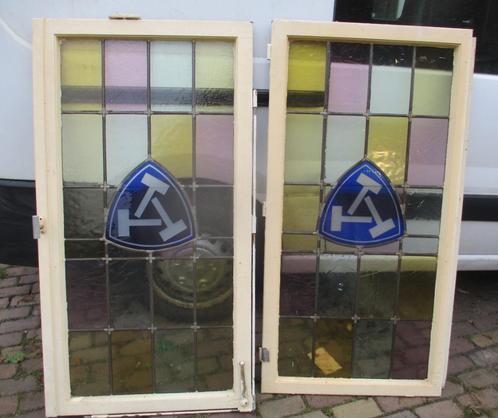 2 Grote Oude Ramen met Glas in Lood - 147x77, Antiek en Kunst, Antiek | Glaswerk en Kristal, Ophalen
