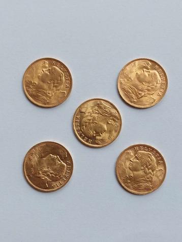 Lot 5 pièces de monnaie / 20 Fr or / Suisse/ Vreneli 1947B