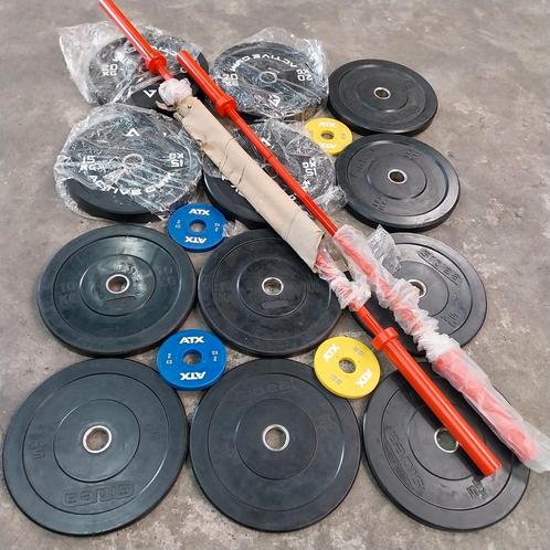 Olympische bumper plates en atx plates + nieuwe barbells, Sport en Fitness, Fitnessmaterialen, Zo goed als nieuw, Ophalen