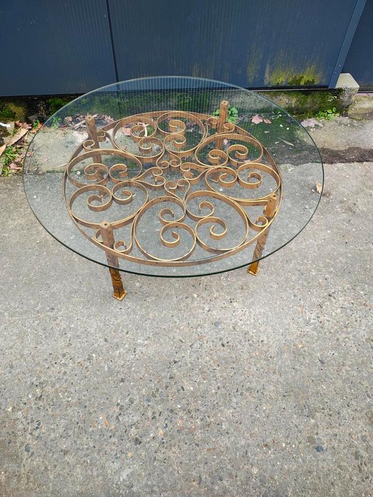 Ronde smeedijzeren tafel met glazen blad – Ø100 cm, Huis en Inrichting, Tafels | Salontafels, Glas, Ophalen
