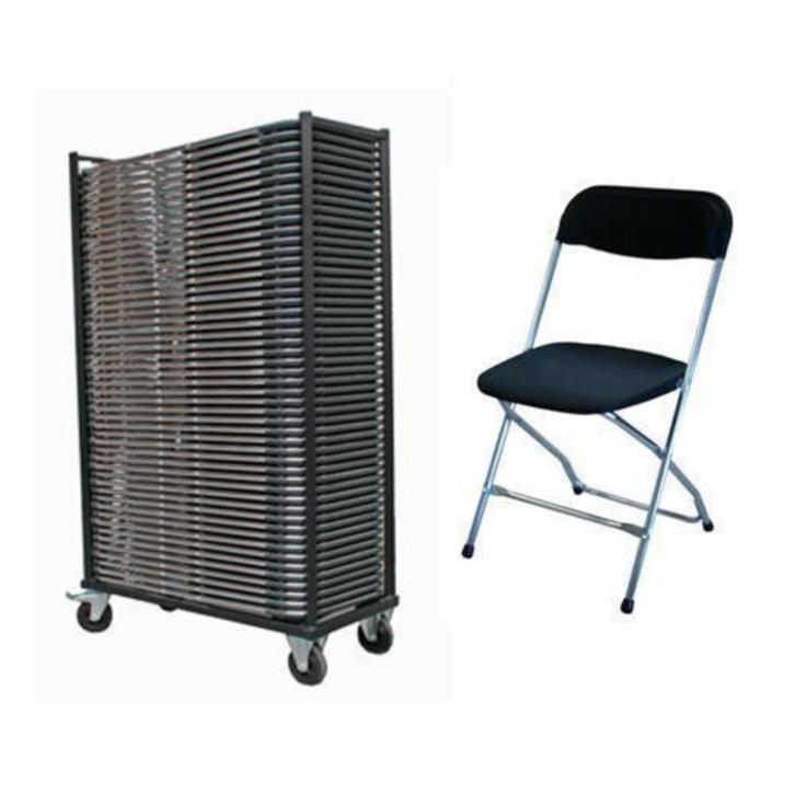 Aanbieding 50 klapstoelen Chroom - Zwart + kar, Hobby en Vrije tijd, Feestartikelen, Nieuw, Ophalen of Verzenden